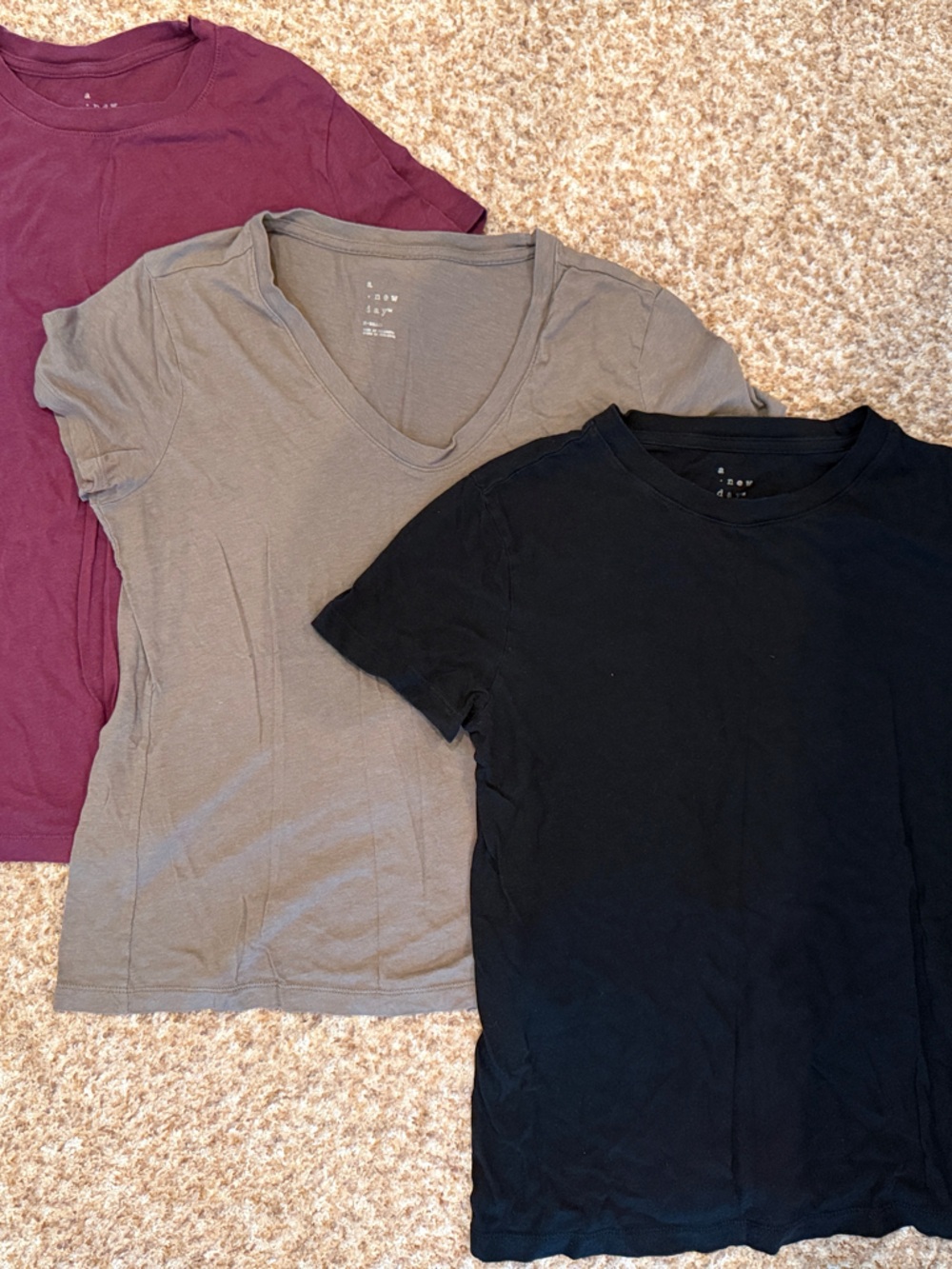 3 a new day Women's Tee Set in Burgundy S, Brown XS, and Black XS